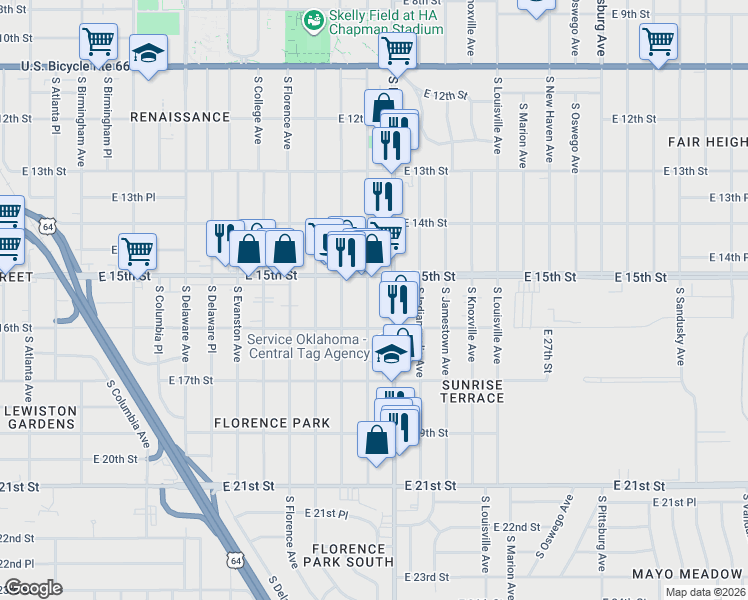map of restaurants, bars, coffee shops, grocery stores, and more near 1527 South Gary Place in Tulsa