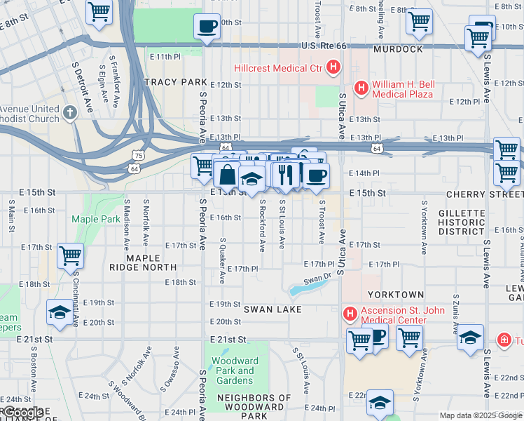 map of restaurants, bars, coffee shops, grocery stores, and more near 1531 South Rockford Avenue in Tulsa