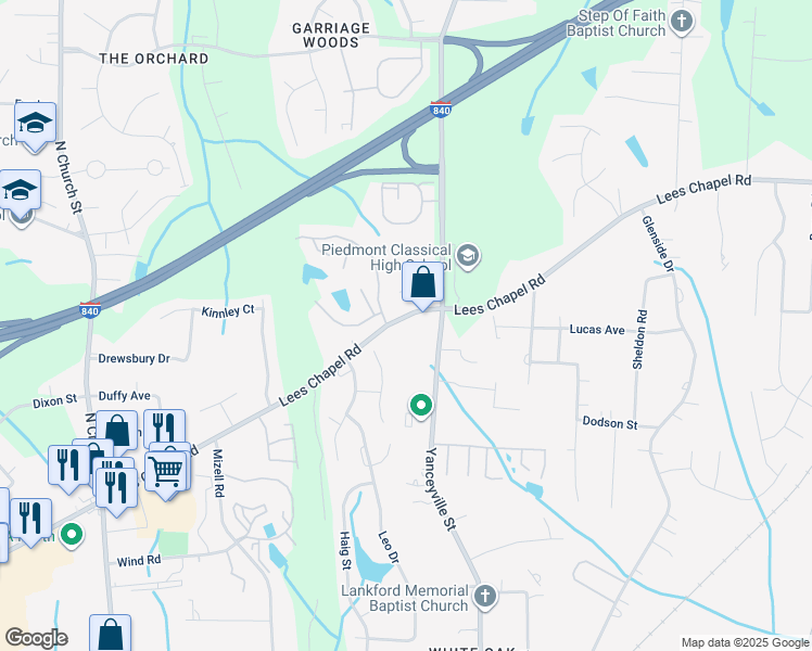 map of restaurants, bars, coffee shops, grocery stores, and more near 1378 Lees Chapel Road in Greensboro