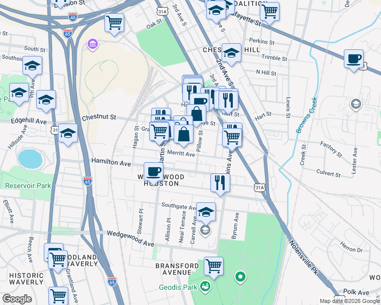 map of restaurants, bars, coffee shops, grocery stores, and more near 509 Merritt Avenue in Nashville