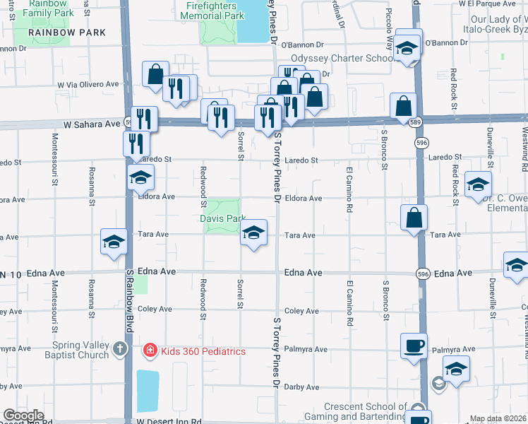 map of restaurants, bars, coffee shops, grocery stores, and more near 2735 South Torrey Pines Drive in Las Vegas