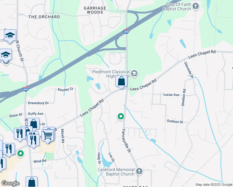 map of restaurants, bars, coffee shops, grocery stores, and more near 1378 Lees Chapel Road in Greensboro