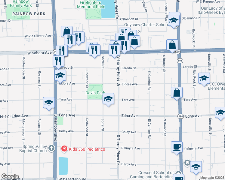 map of restaurants, bars, coffee shops, grocery stores, and more near 2735 South Torrey Pines Drive in Las Vegas