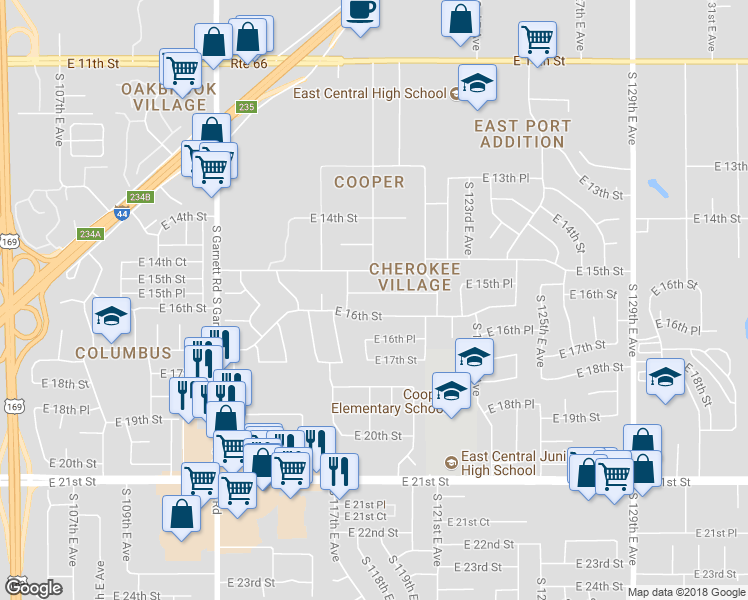 map of restaurants, bars, coffee shops, grocery stores, and more near 11830 East 15th Place in Tulsa