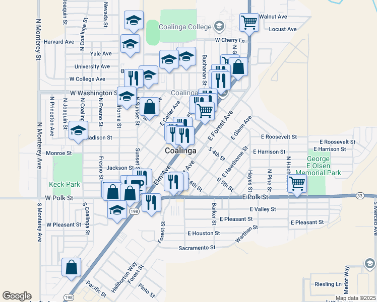 map of restaurants, bars, coffee shops, grocery stores, and more near in Coalinga