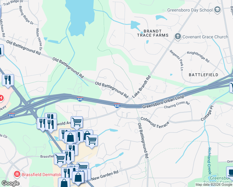 map of restaurants, bars, coffee shops, grocery stores, and more near 2805 Treestead Circle in Greensboro
