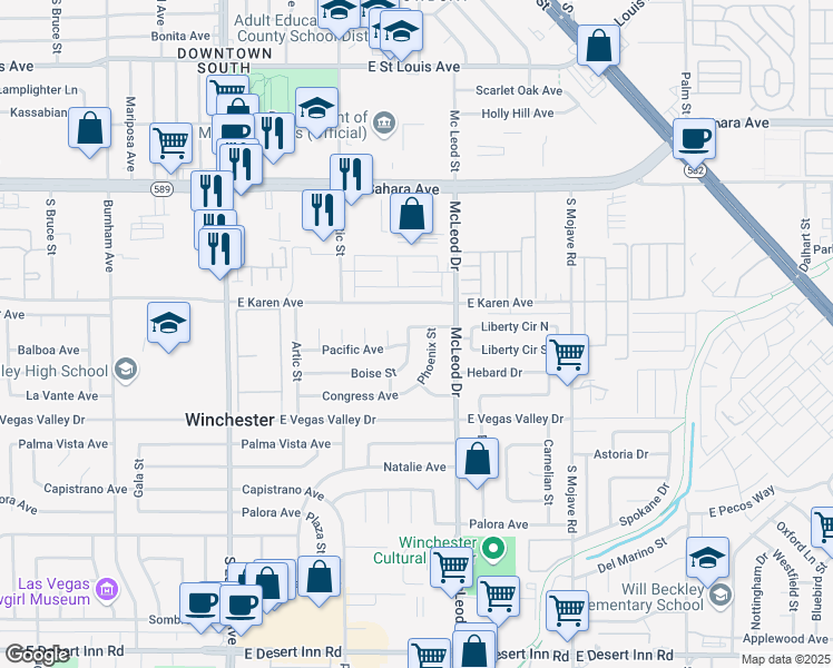 map of restaurants, bars, coffee shops, grocery stores, and more near 2975 Boise Street in Las Vegas