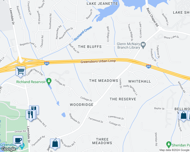 map of restaurants, bars, coffee shops, grocery stores, and more near 2417 Glen Meadow Drive in Greensboro