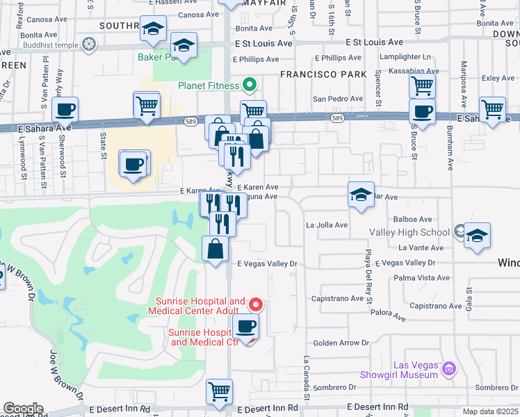 map of restaurants, bars, coffee shops, grocery stores, and more near 2770 South Maryland Parkway in Las Vegas
