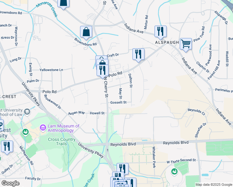 map of restaurants, bars, coffee shops, grocery stores, and more near 4010 May Street in Winston-Salem