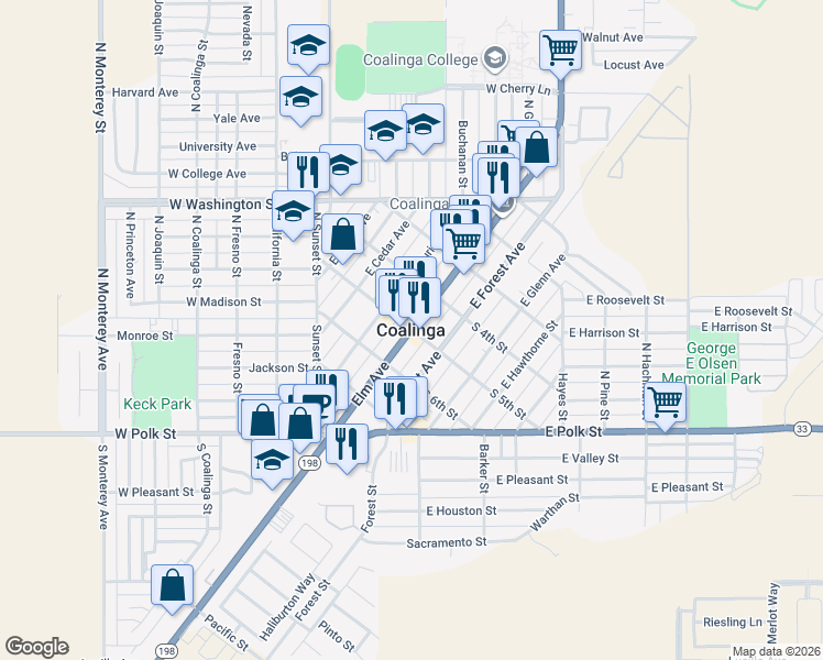 map of restaurants, bars, coffee shops, grocery stores, and more near in Coalinga