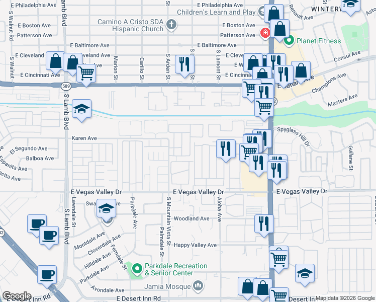 map of restaurants, bars, coffee shops, grocery stores, and more near 4647 Krissylouise Way in Las Vegas