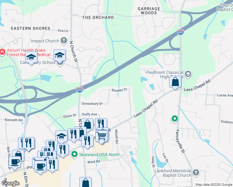 map of restaurants, bars, coffee shops, grocery stores, and more near 112 Kinnley Court in Greensboro
