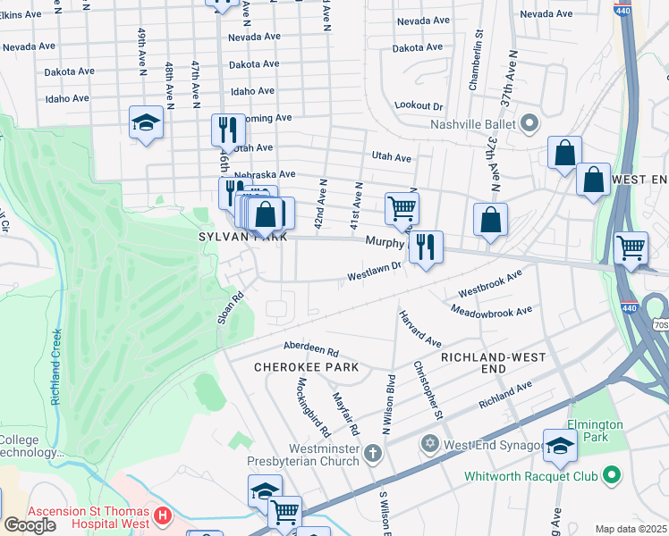 map of restaurants, bars, coffee shops, grocery stores, and more near 4108 Westlawn Drive in Nashville