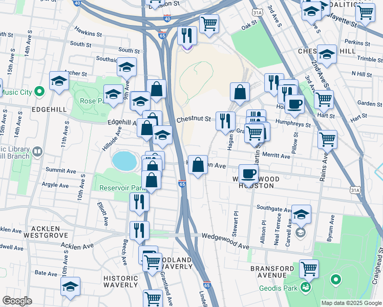 map of restaurants, bars, coffee shops, grocery stores, and more near 1300 Fort Negley Blvd in Nashville