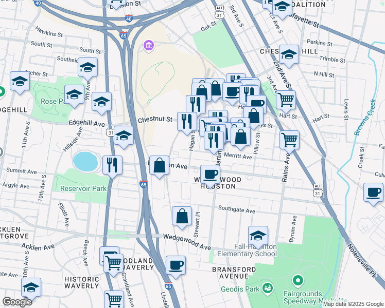 map of restaurants, bars, coffee shops, grocery stores, and more near 601 Hagan Street in Nashville