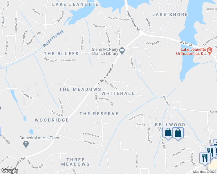 map of restaurants, bars, coffee shops, grocery stores, and more near 2 Mansfield Circle in Greensboro