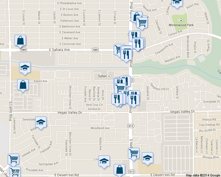 map of restaurants, bars, coffee shops, grocery stores, and more near 2725 South Nellis Boulevard in Las Vegas