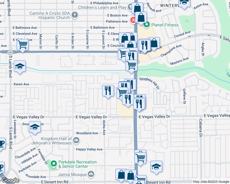 map of restaurants, bars, coffee shops, grocery stores, and more near 2725 South Nellis Boulevard in Las Vegas
