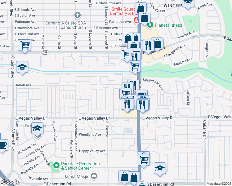 map of restaurants, bars, coffee shops, grocery stores, and more near 2725 South Nellis Boulevard in Las Vegas