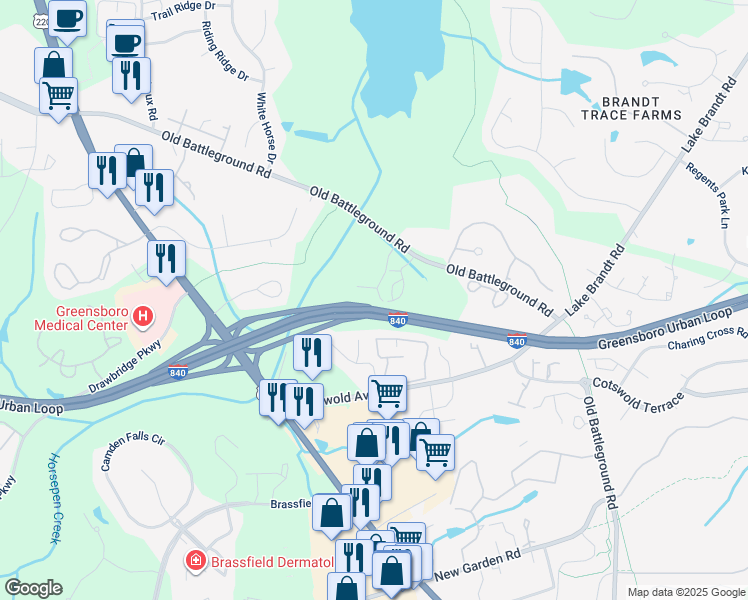 map of restaurants, bars, coffee shops, grocery stores, and more near 3048 Laurel Springs Drive in Greensboro