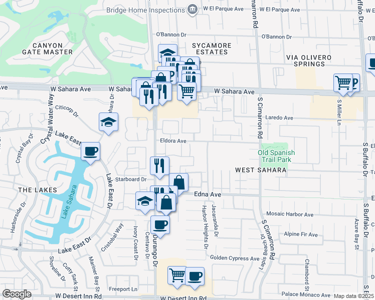 map of restaurants, bars, coffee shops, grocery stores, and more near 2750 South Durango Drive in Las Vegas
