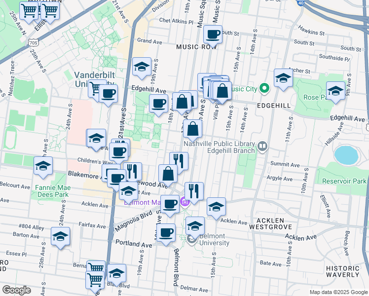 map of restaurants, bars, coffee shops, grocery stores, and more near 1505 16th Avenue South in Nashville