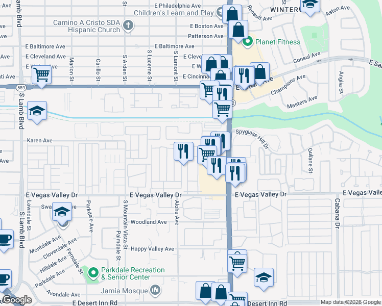 map of restaurants, bars, coffee shops, grocery stores, and more near 2725 South Nellis Boulevard in Las Vegas