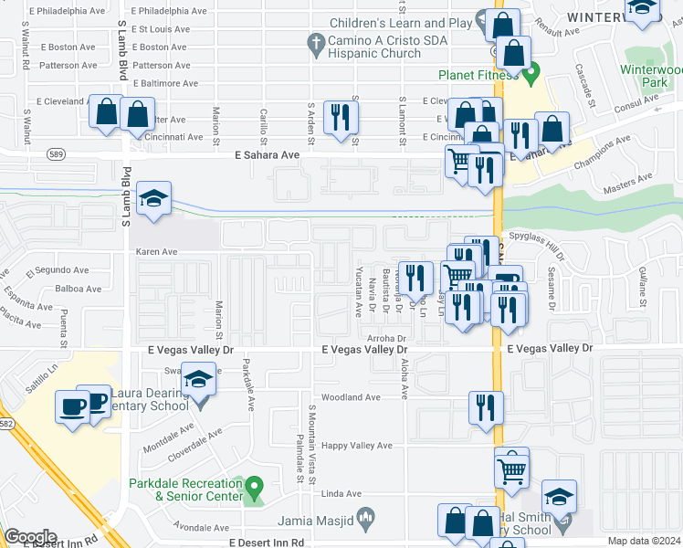 map of restaurants, bars, coffee shops, grocery stores, and more near 4670 Amberleigh Lane in Las Vegas