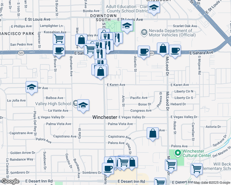 map of restaurants, bars, coffee shops, grocery stores, and more near 2749 Artic Street in Las Vegas