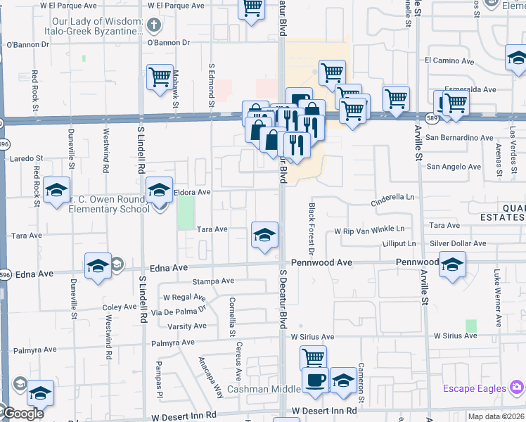 map of restaurants, bars, coffee shops, grocery stores, and more near 2772 Eldora Circle in Las Vegas