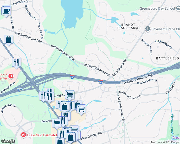 map of restaurants, bars, coffee shops, grocery stores, and more near 2953 Oaktop Circle in Greensboro