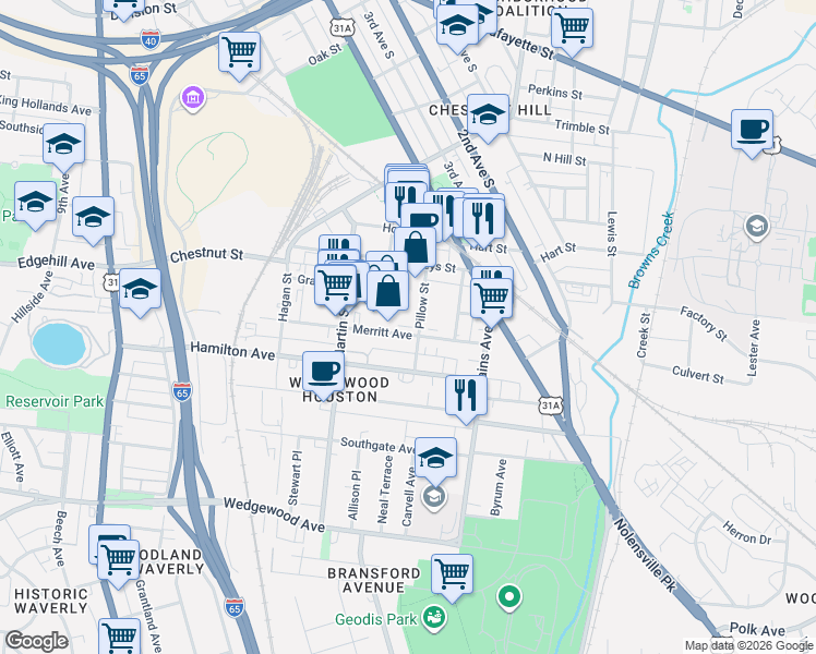 map of restaurants, bars, coffee shops, grocery stores, and more near 509 Merritt Avenue in Nashville