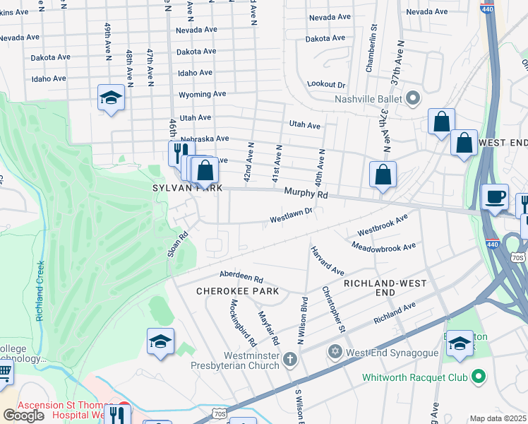 map of restaurants, bars, coffee shops, grocery stores, and more near 4108 Westlawn Drive in Nashville