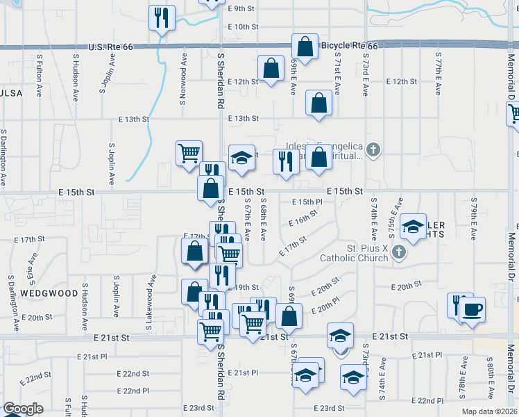 map of restaurants, bars, coffee shops, grocery stores, and more near 1529 South 67th East Avenue in Tulsa