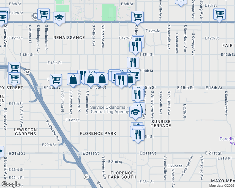 map of restaurants, bars, coffee shops, grocery stores, and more near 1532 South Gary Avenue in Tulsa