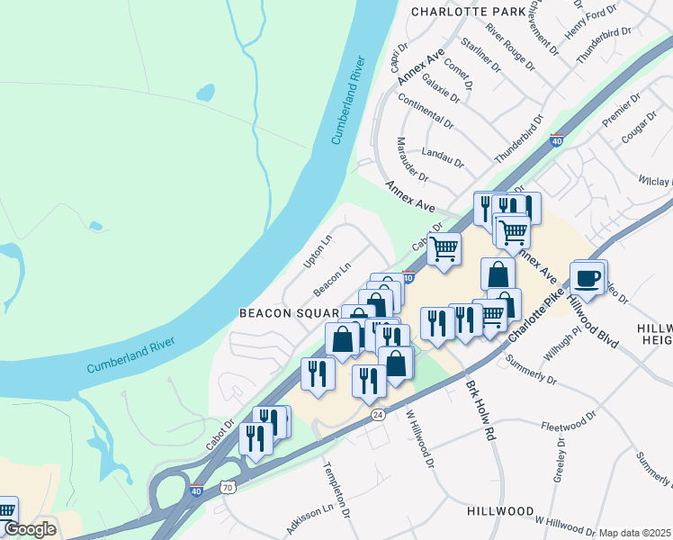 map of restaurants, bars, coffee shops, grocery stores, and more near 6640 Beacon Lane in Nashville