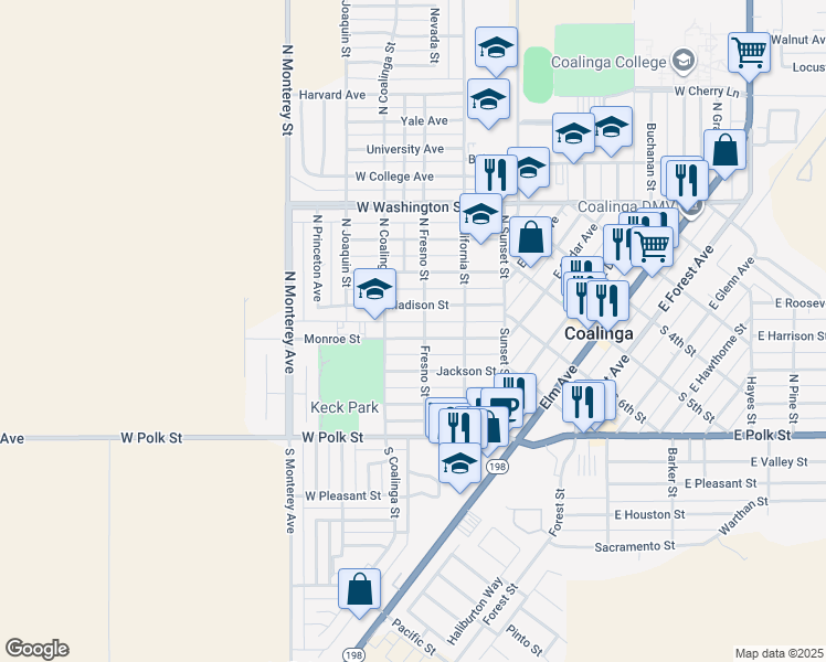 map of restaurants, bars, coffee shops, grocery stores, and more near 326 Monroe Street in Coalinga