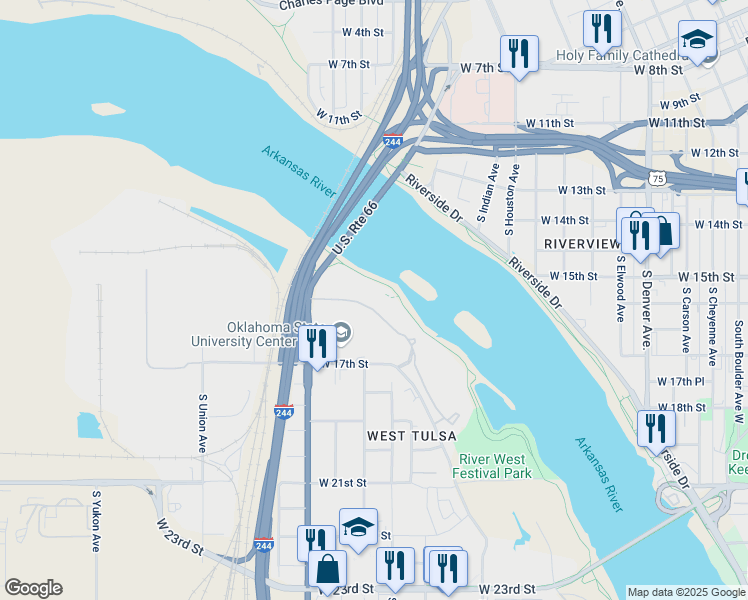 map of restaurants, bars, coffee shops, grocery stores, and more near 1559 Southwest Boulevard in Tulsa