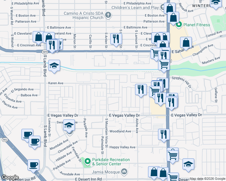 map of restaurants, bars, coffee shops, grocery stores, and more near 2755 Jennydiane Drive in Las Vegas