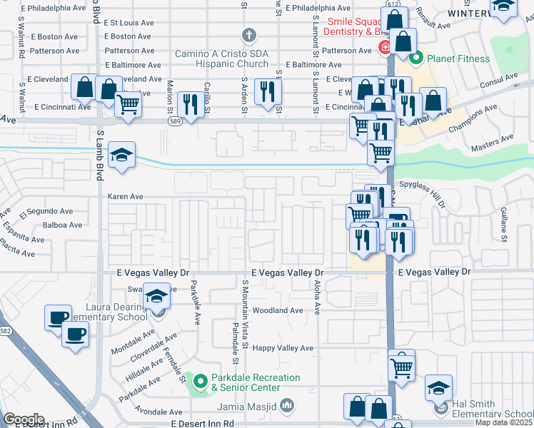 map of restaurants, bars, coffee shops, grocery stores, and more near 2742 Alicialynn Way in Las Vegas