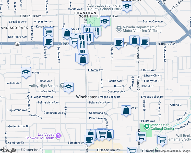map of restaurants, bars, coffee shops, grocery stores, and more near 2800 South Eastern Avenue in Las Vegas