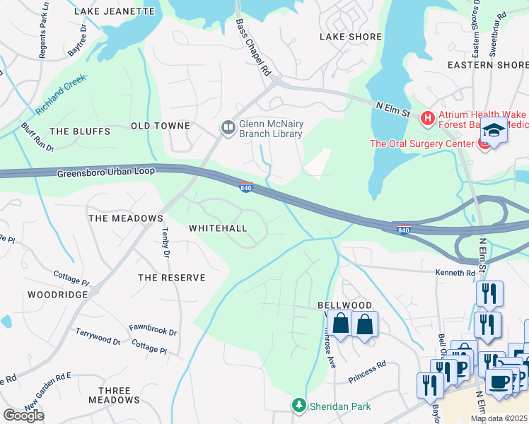 map of restaurants, bars, coffee shops, grocery stores, and more near 70 Mansfield Circle in Greensboro