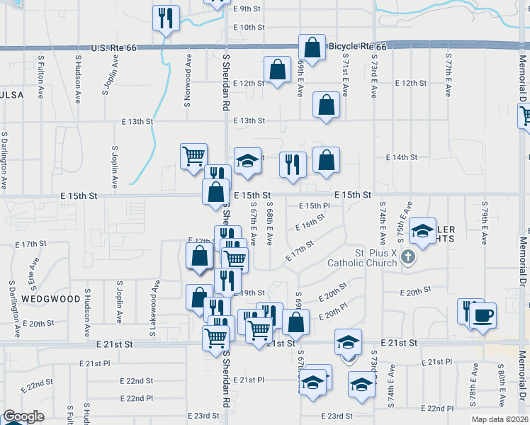 map of restaurants, bars, coffee shops, grocery stores, and more near 1529 South 67th East Avenue in Tulsa