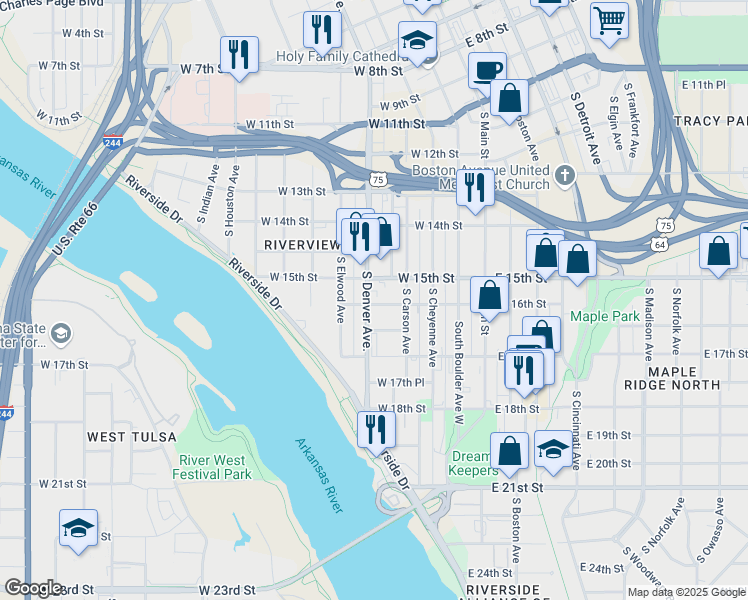 map of restaurants, bars, coffee shops, grocery stores, and more near 1604 South Denver Avenue in Tulsa