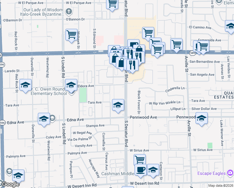 map of restaurants, bars, coffee shops, grocery stores, and more near 2772 Eldora Circle in Las Vegas