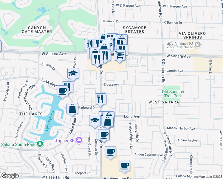 map of restaurants, bars, coffee shops, grocery stores, and more near 2750 South Durango Drive in Las Vegas