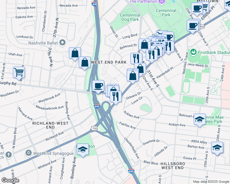 map of restaurants, bars, coffee shops, grocery stores, and more near 3322 West End Avenue in Nashville