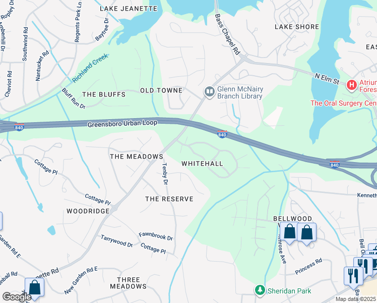 map of restaurants, bars, coffee shops, grocery stores, and more near 2 Mansfield Circle in Greensboro