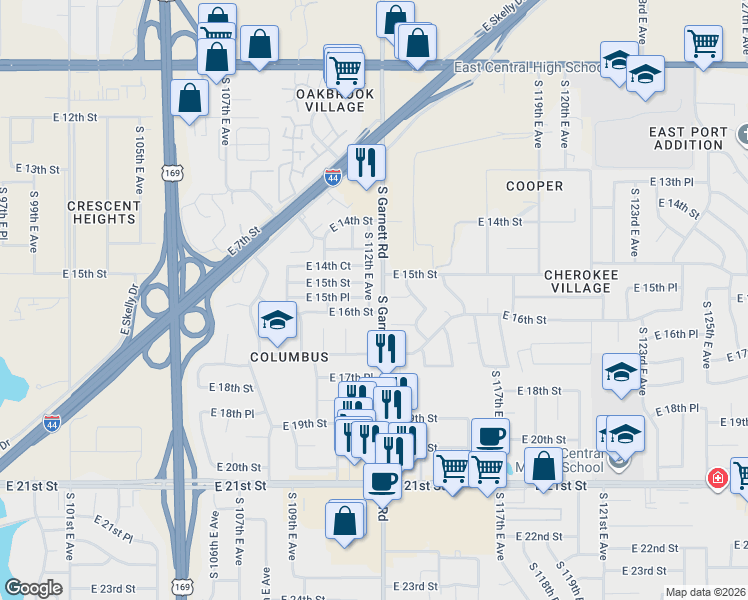 map of restaurants, bars, coffee shops, grocery stores, and more near 1537 South 112th East Avenue in Tulsa